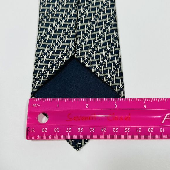 HERMES Tie Necktie Silk Handmade Tusk Chain Link Pattern 7043Dark Blue Beige - Picture 5 of 6